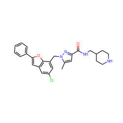 Cc1cc(C(=O)NCC2CCNCC2)nn1Cc1cc(Cl)cc2cc(-c3ccccc3)oc12 ZINC000073156842