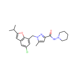 Cc1cc(C(=O)NN2CCCCC2)nn1Cc1cc(Cl)cc2cc(C(C)C)oc12 ZINC000073170161