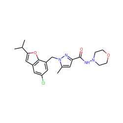 Cc1cc(C(=O)NN2CCOCC2)nn1Cc1cc(Cl)cc2cc(C(C)C)oc12 ZINC000043173680