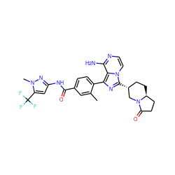 Cc1cc(C(=O)Nc2cc(C(F)(F)F)n(C)n2)ccc1-c1nc([C@@H]2CC[C@H]3CCC(=O)N3C2)n2ccnc(N)c12 ZINC000145438992