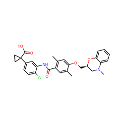 Cc1cc(C(=O)Nc2cc(C3(C(=O)O)CC3)ccc2Cl)c(C)cc1OC[C@@H]1CN(C)c2ccccc2O1 ZINC000059649038