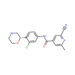 Cc1cc(C(=O)Nc2ccc([C@H]3CNCCO3)c(Cl)c2)cc(C#N)n1 ZINC000149874226