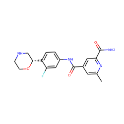 Cc1cc(C(=O)Nc2ccc([C@H]3CNCCO3)c(F)c2)cc(C(N)=O)n1 ZINC000149851710