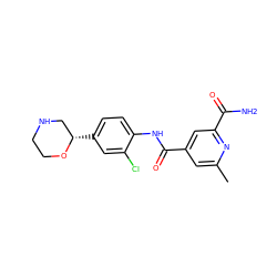 Cc1cc(C(=O)Nc2ccc([C@H]3CNCCO3)cc2Cl)cc(C(N)=O)n1 ZINC000149947663