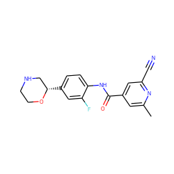 Cc1cc(C(=O)Nc2ccc([C@H]3CNCCO3)cc2F)cc(C#N)n1 ZINC000149956792