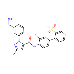 Cc1cc(C(=O)Nc2ccc(-c3ccccc3S(C)(=O)=O)cc2F)n(-c2cccc(CN)c2)n1 ZINC000013529537