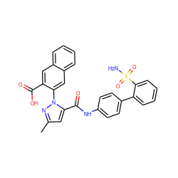 Cc1cc(C(=O)Nc2ccc(-c3ccccc3S(N)(=O)=O)cc2)n(-c2cc3ccccc3cc2C(=O)O)n1 ZINC000029394283