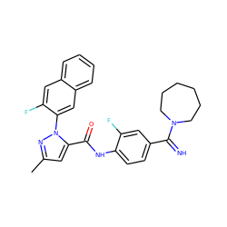 Cc1cc(C(=O)Nc2ccc(C(=N)N3CCCCCC3)cc2F)n(-c2cc3ccccc3cc2F)n1 ZINC000028236861