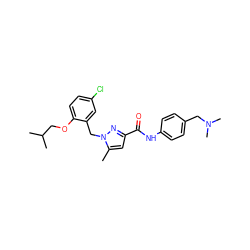 Cc1cc(C(=O)Nc2ccc(CN(C)C)cc2)nn1Cc1cc(Cl)ccc1OCC(C)C ZINC000040950206