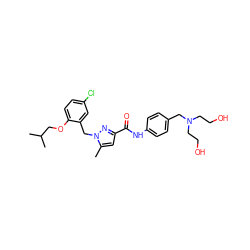 Cc1cc(C(=O)Nc2ccc(CN(CCO)CCO)cc2)nn1Cc1cc(Cl)ccc1OCC(C)C ZINC000040952703