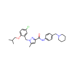 Cc1cc(C(=O)Nc2ccc(CN3CCCCC3)cc2)nn1Cc1cc(Cl)ccc1OCC(C)C ZINC000040956852