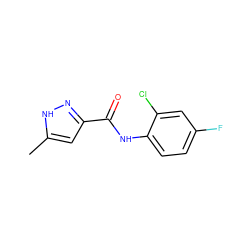 Cc1cc(C(=O)Nc2ccc(F)cc2Cl)n[nH]1 ZINC000225448715