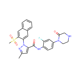 Cc1cc(C(=O)Nc2ccc(N3CCNCC3=O)cc2F)n(-c2cc3ccccc3cc2S(C)(=O)=O)n1 ZINC000028235698