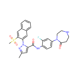 Cc1cc(C(=O)Nc2ccc(N3CCNCCC3=O)cc2F)n(-c2cc3ccccc3cc2S(C)(=O)=O)n1 ZINC000028233257