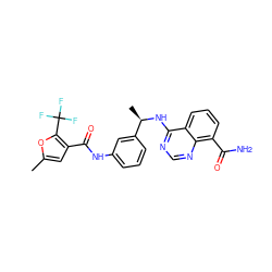 Cc1cc(C(=O)Nc2cccc([C@@H](C)Nc3ncnc4c(C(N)=O)cccc34)c2)c(C(F)(F)F)o1 ZINC000114346583