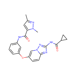 Cc1cc(C(=O)Nc2cccc(Oc3ccc4nc(NC(=O)C5CC5)nn4c3)c2)n(C)n1 ZINC000096273375