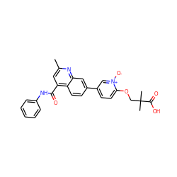 Cc1cc(C(=O)Nc2ccccc2)c2ccc(-c3ccc(OCC(C)(C)C(=O)O)[n+]([O-])c3)cc2n1 ZINC000169312637