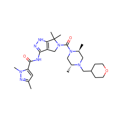 Cc1cc(C(=O)Nc2n[nH]c3c2CN(C(=O)N2C[C@@H](C)N(CC4CCOCC4)C[C@@H]2C)C3(C)C)n(C)n1 ZINC000114183781