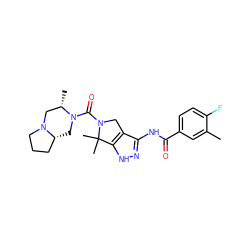 Cc1cc(C(=O)Nc2n[nH]c3c2CN(C(=O)N2C[C@@H]4CCCN4C[C@@H]2C)C3(C)C)ccc1F ZINC000114191006