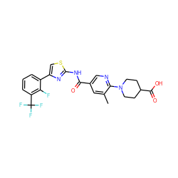 Cc1cc(C(=O)Nc2nc(-c3cccc(C(F)(F)F)c3F)cs2)cnc1N1CCC(C(=O)O)CC1 ZINC000034789442