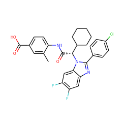 Cc1cc(C(=O)O)ccc1NC(=O)[C@H](C1CCCCC1)n1c(-c2ccc(Cl)cc2)nc2cc(F)c(F)cc21 ZINC000064744159