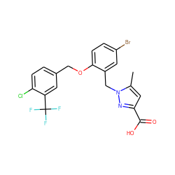 Cc1cc(C(=O)O)nn1Cc1cc(Br)ccc1OCc1ccc(Cl)c(C(F)(F)F)c1 ZINC000040575305