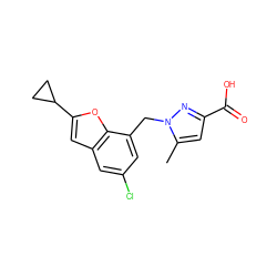 Cc1cc(C(=O)O)nn1Cc1cc(Cl)cc2cc(C3CC3)oc12 ZINC000073161848