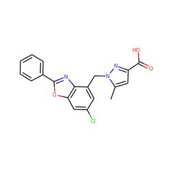 Cc1cc(C(=O)O)nn1Cc1cc(Cl)cc2oc(-c3ccccc3)nc12 ZINC001772628573