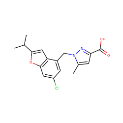 Cc1cc(C(=O)O)nn1Cc1cc(Cl)cc2oc(C(C)C)cc12 ZINC000073170144