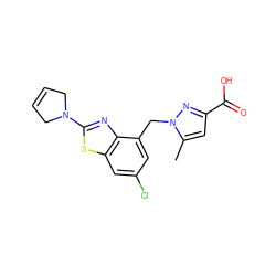 Cc1cc(C(=O)O)nn1Cc1cc(Cl)cc2sc(N3CC=CC3)nc12 ZINC001772657709