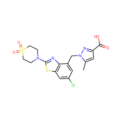 Cc1cc(C(=O)O)nn1Cc1cc(Cl)cc2sc(N3CCS(=O)(=O)CC3)nc12 ZINC001772604321