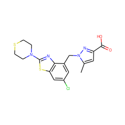 Cc1cc(C(=O)O)nn1Cc1cc(Cl)cc2sc(N3CCSCC3)nc12 ZINC000208127791