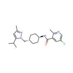 Cc1cc(C(C)C)n(C[C@H]2CC[C@H](NC(=O)c3cc(Cl)cnc3C)CC2)n1 ZINC000261177430