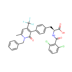 Cc1cc(C(F)(F)F)c(-c2ccc(C[C@H](NC(=O)c3c(Cl)cccc3Cl)C(=O)O)cc2)c(=O)n1Cc1ccccc1 ZINC000095586987