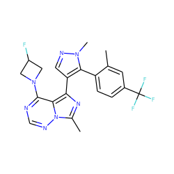 Cc1cc(C(F)(F)F)ccc1-c1c(-c2nc(C)n3ncnc(N4CC(F)C4)c23)cnn1C ZINC000169697405