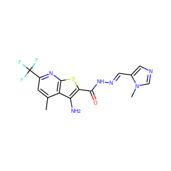 Cc1cc(C(F)(F)F)nc2sc(C(=O)N/N=C/c3cncn3C)c(N)c12 ZINC000071316890