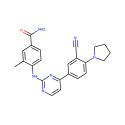 Cc1cc(C(N)=O)ccc1Nc1nccc(-c2ccc(N3CCCC3)c(C#N)c2)n1 ZINC000113825604