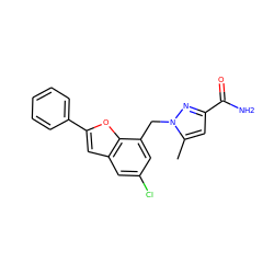 Cc1cc(C(N)=O)nn1Cc1cc(Cl)cc2cc(-c3ccccc3)oc12 ZINC000073158171