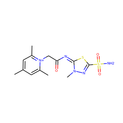 Cc1cc(C)[n+](CC(=O)/N=c2/sc(S(N)(=O)=O)nn2C)c(C)c1 ZINC000013804380