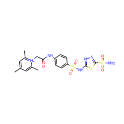 Cc1cc(C)[n+](CC(=O)Nc2ccc(S(=O)(=O)Nc3nnc(S(N)(=O)=O)s3)cc2)c(C)c1 ZINC000013804400