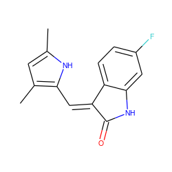 Cc1cc(C)c(/C=C2/C(=O)Nc3cc(F)ccc32)[nH]1 ZINC000026834524