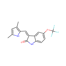 Cc1cc(C)c(/C=C2\C(=O)Nc3ccc(OC(F)(F)F)cc32)[nH]1 ZINC000045385377