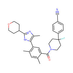 Cc1cc(C)c(-c2[nH]c(C3CCOCC3)nc2C)cc1C(=O)N1CCC(F)(c2ccc(C#N)cc2)CC1 ZINC001772621498