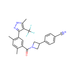 Cc1cc(C)c(-c2n[nH]c(C)c2C(F)(F)F)cc1C(=O)N1CC(c2ccc(C#N)cc2)C1 ZINC000218994791