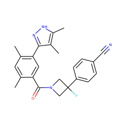 Cc1cc(C)c(-c2n[nH]c(C)c2C)cc1C(=O)N1CC(F)(c2ccc(C#N)cc2)C1 ZINC000218972706