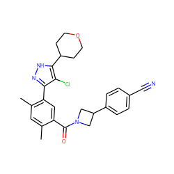 Cc1cc(C)c(-c2n[nH]c(C3CCOCC3)c2Cl)cc1C(=O)N1CC(c2ccc(C#N)cc2)C1 ZINC000219058181