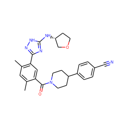 Cc1cc(C)c(-c2n[nH]c(N[C@@H]3CCOC3)n2)cc1C(=O)N1CCC(c2ccc(C#N)cc2)CC1 ZINC000098185521