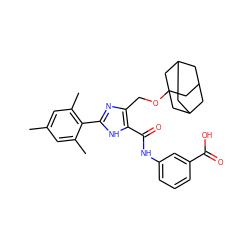 Cc1cc(C)c(-c2nc(COC34CC5CC(CC(C5)C3)C4)c(C(=O)Nc3cccc(C(=O)O)c3)[nH]2)c(C)c1 ZINC000013674750