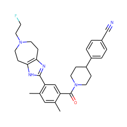 Cc1cc(C)c(-c2nc3c([nH]2)CCN(CCF)CC3)cc1C(=O)N1CCC(c2ccc(C#N)cc2)CC1 ZINC000150204024