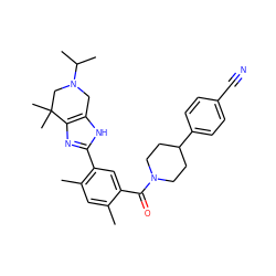 Cc1cc(C)c(-c2nc3c([nH]2)CN(C(C)C)CC3(C)C)cc1C(=O)N1CCC(c2ccc(C#N)cc2)CC1 ZINC000150045298